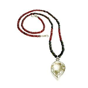 Leaf Carved Quartz Crystal Sterling Pendant Garnet Black Spinel Beaded Necklace